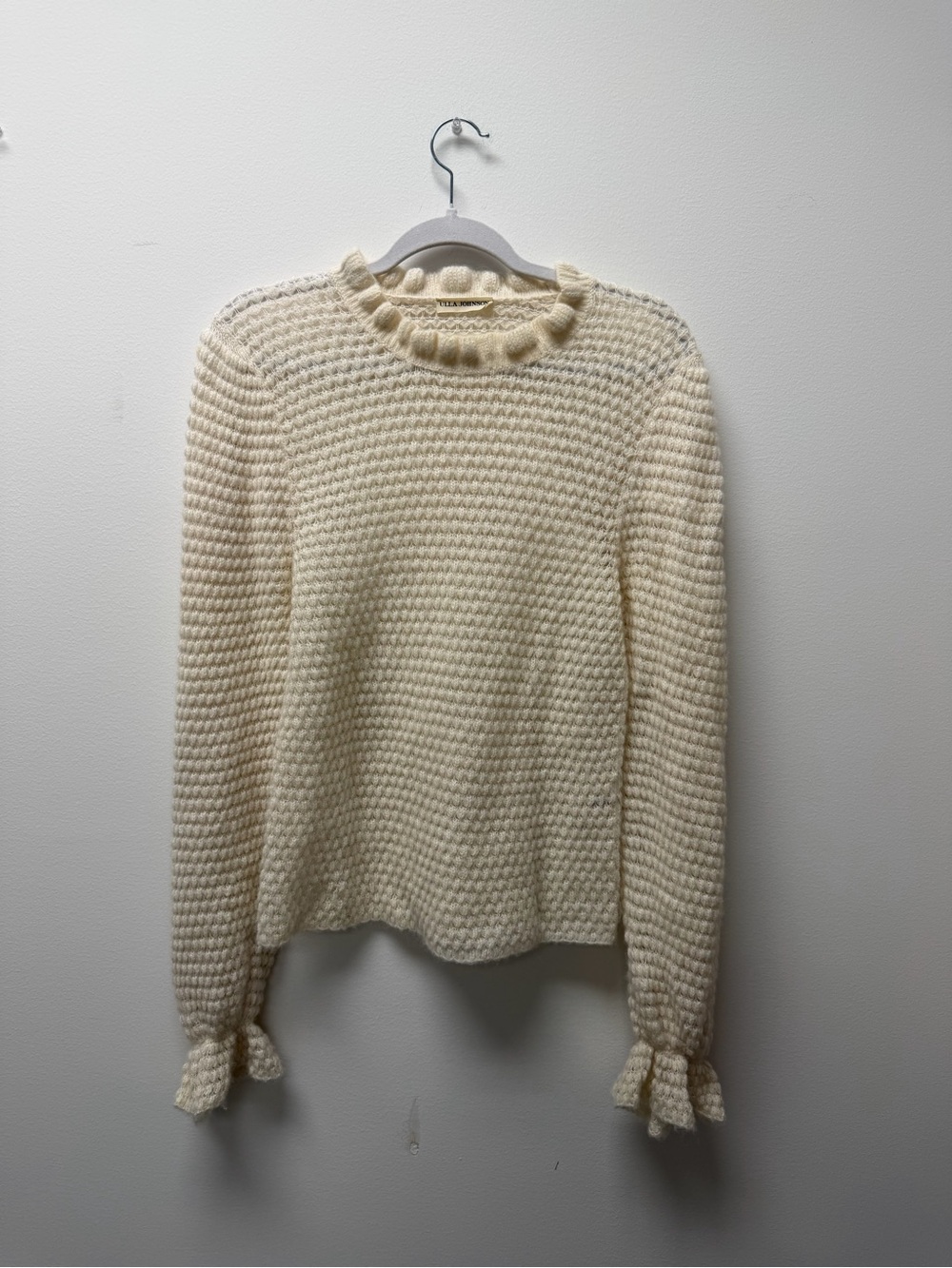 Ulla Johnson Cream Textured Knit Sweater with Ruffle Neck and Cuffs